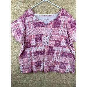 Woman Within Women's Plus Sz  3X Pink & White Patchwork Pattern Short Sleeve Top